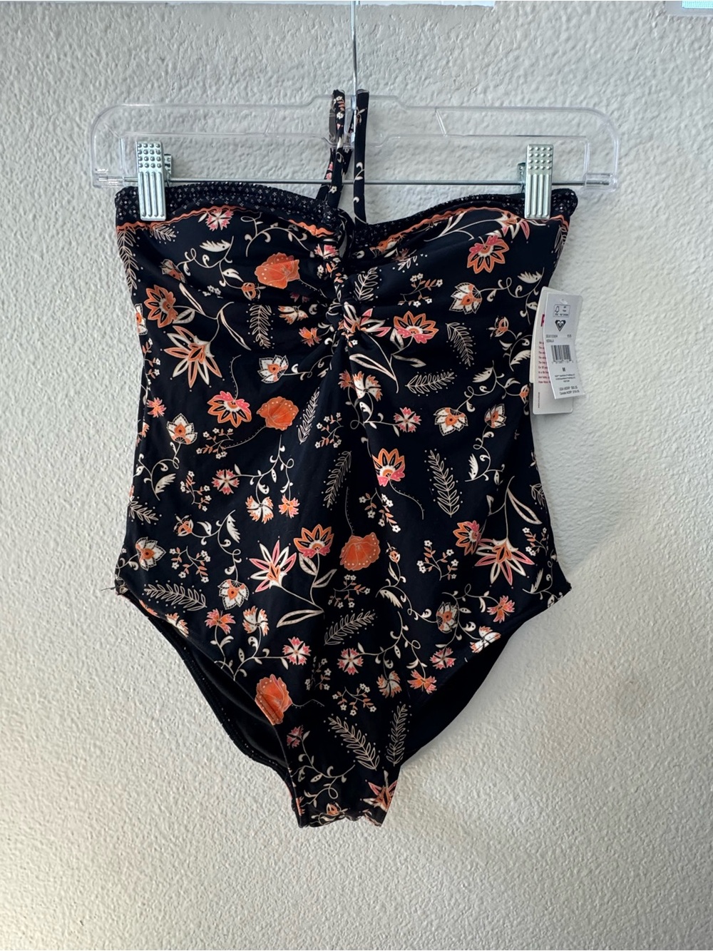 NWT Roxy Kerala One Piece Swimsuit w/ dark floral print & halter neckline